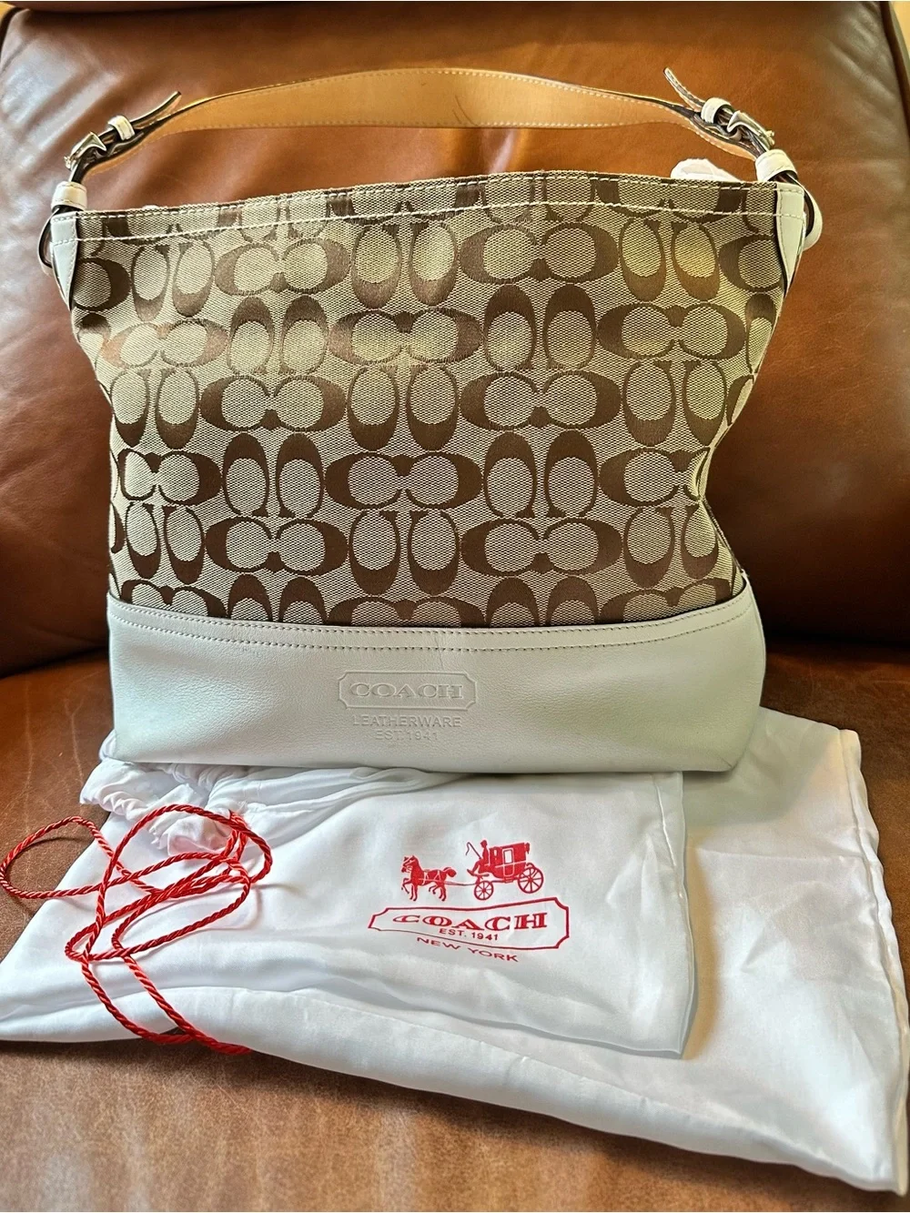 Coach Brown Khaki Signature Canvas Shoulder Bag with White Trim